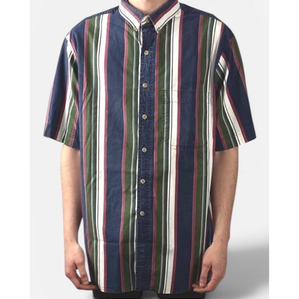 Faded Glory Barcode Stripes Short Sleeve Button Shirt Sz XL 90s Skater Grunge